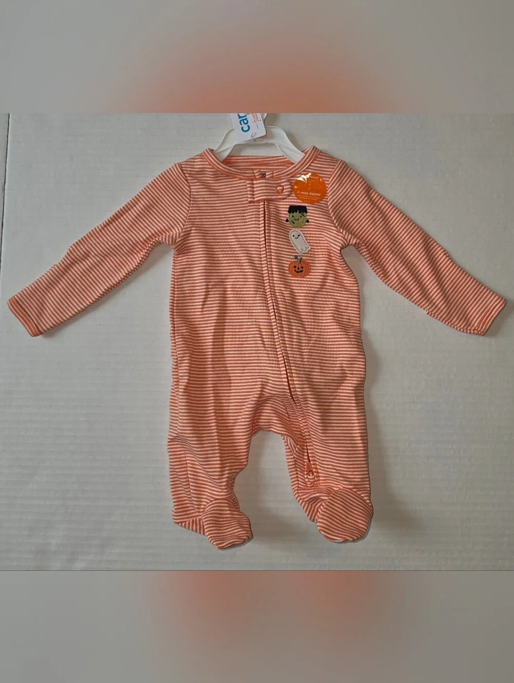 Carter's Orange and White Striped Halloween Footed One-Piece Sz 0 mnths Newborn